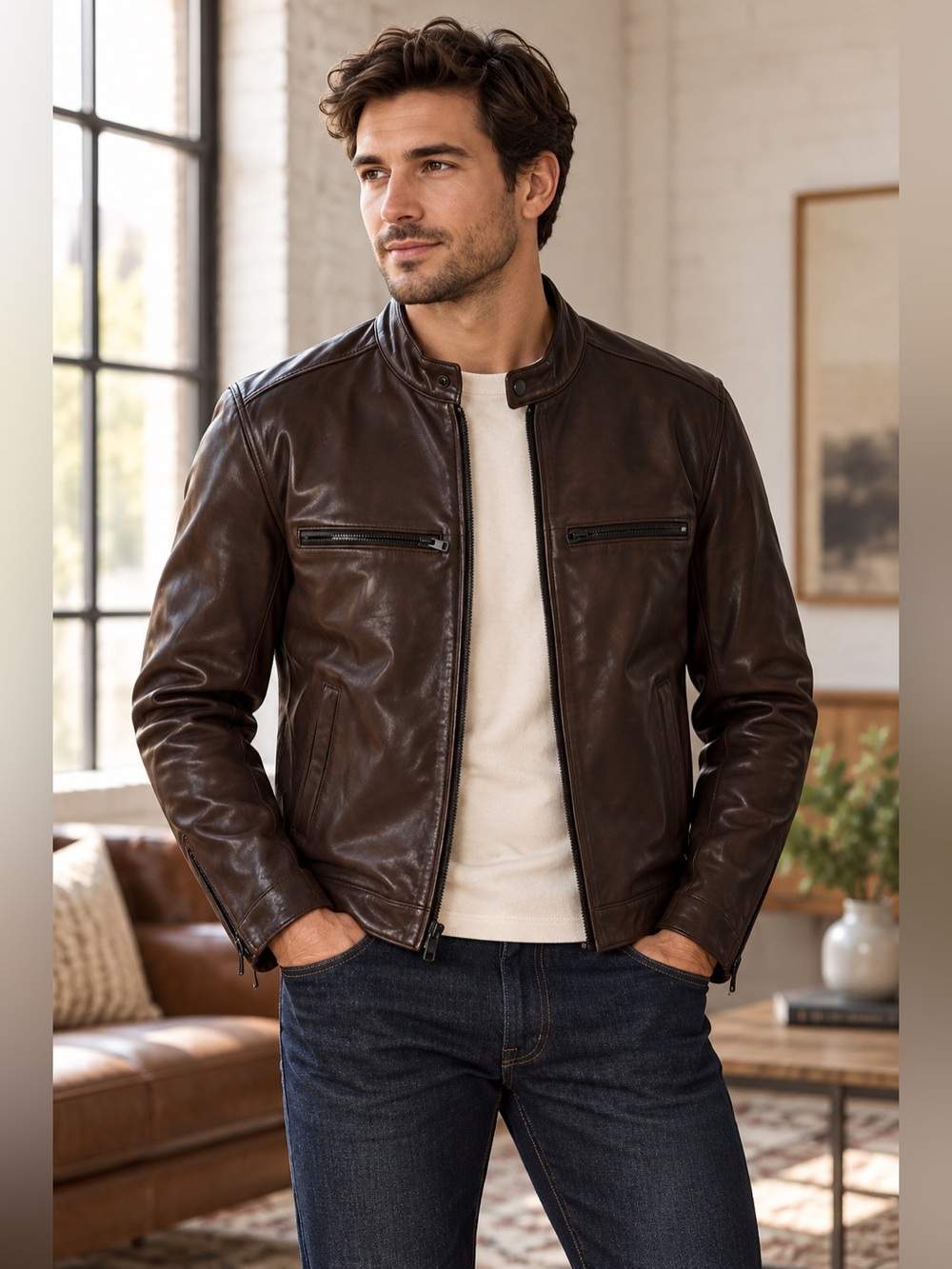 NWT Banana Republic Men’s Lamb Leather Biker Moto Jacket Espresso Brown M